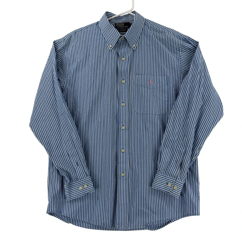 Polo Ralph Lauren Shirt Mens Large Blue Striped Long Sleeve Button Down Custom